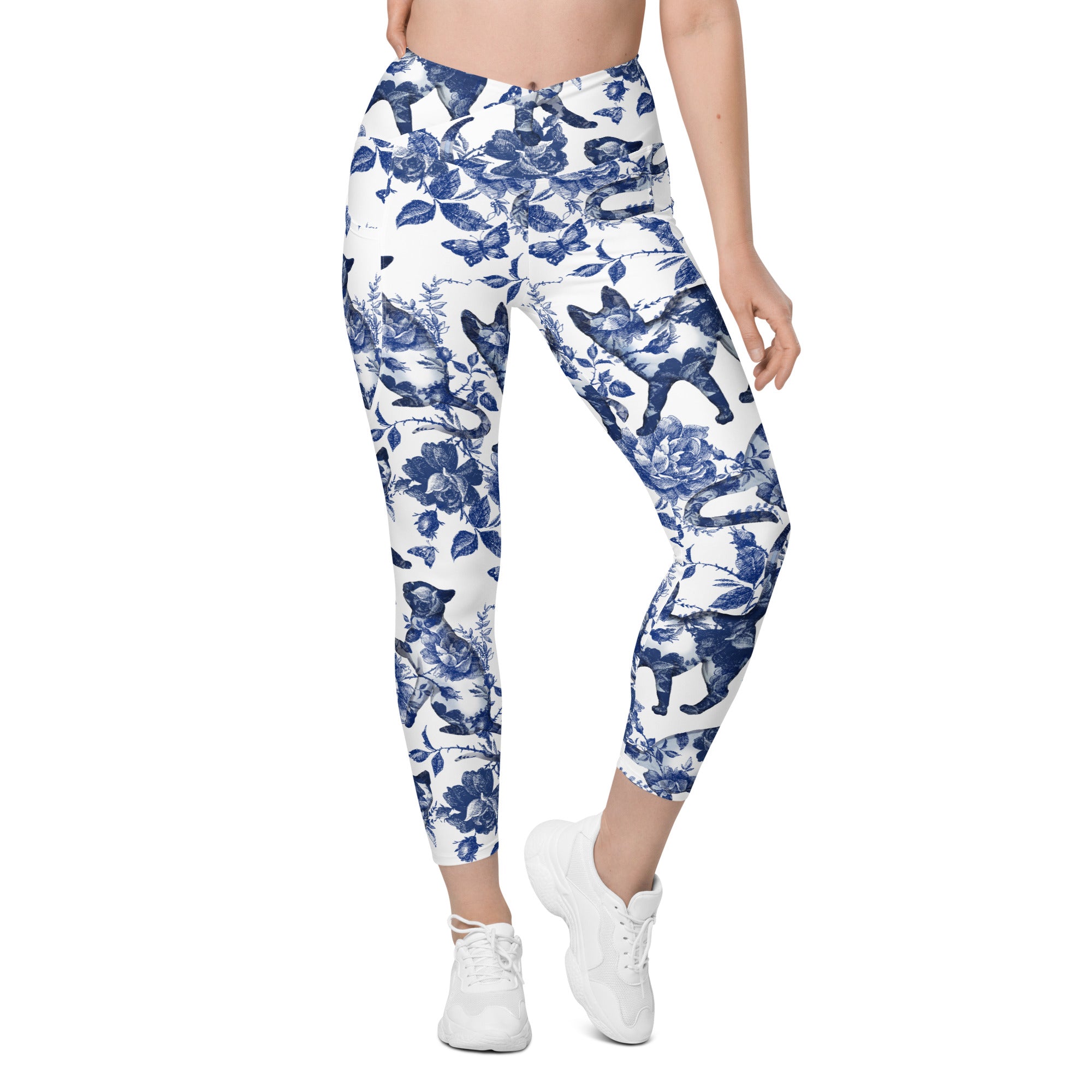 Floral Porcelain Cats Crossover Leggings With Pockets