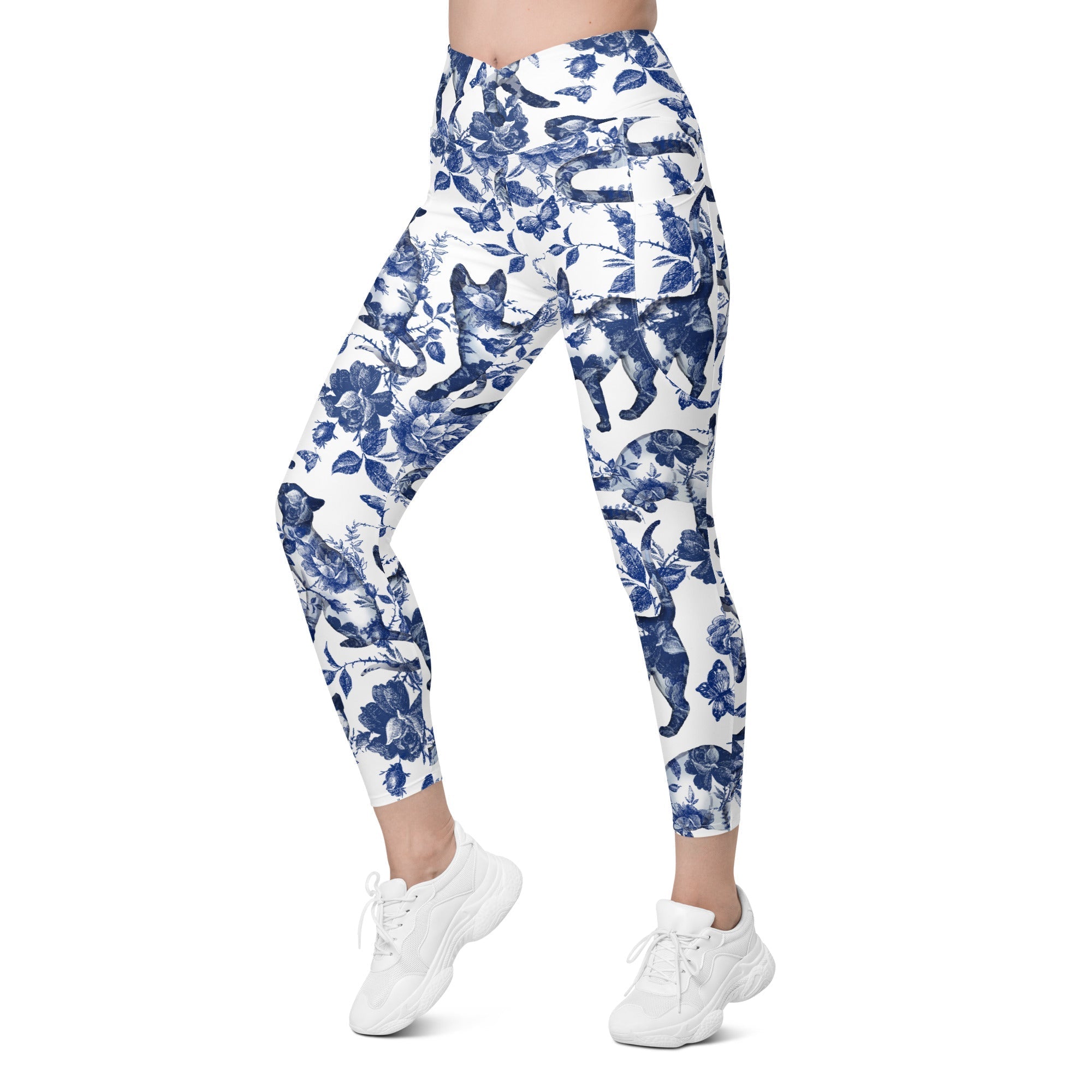 Floral Porcelain Cats Crossover Leggings With Pockets