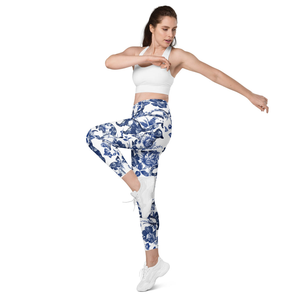 Floral Porcelain Cats Leggings With Pockets