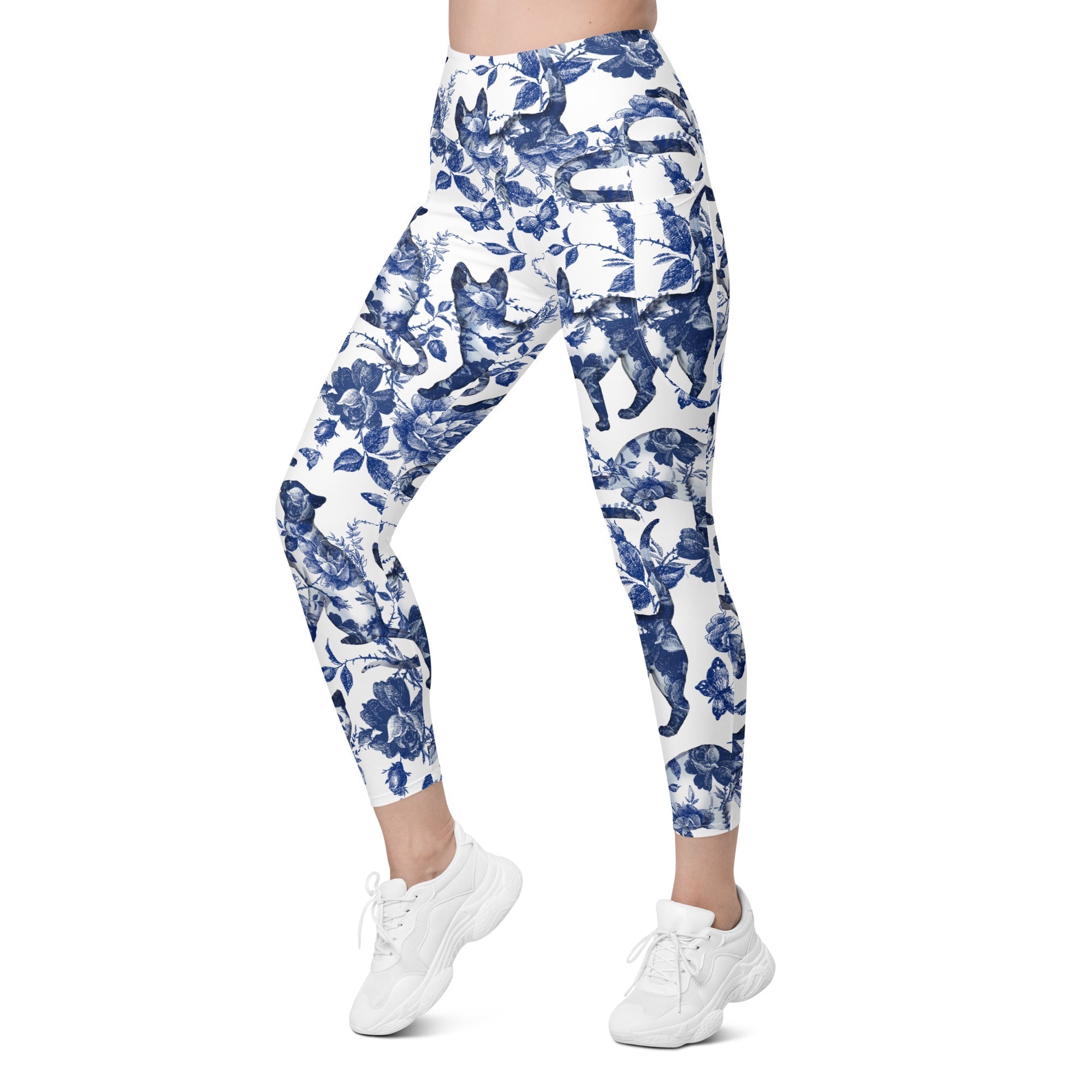 Floral Porcelain Cats Leggings With Pockets