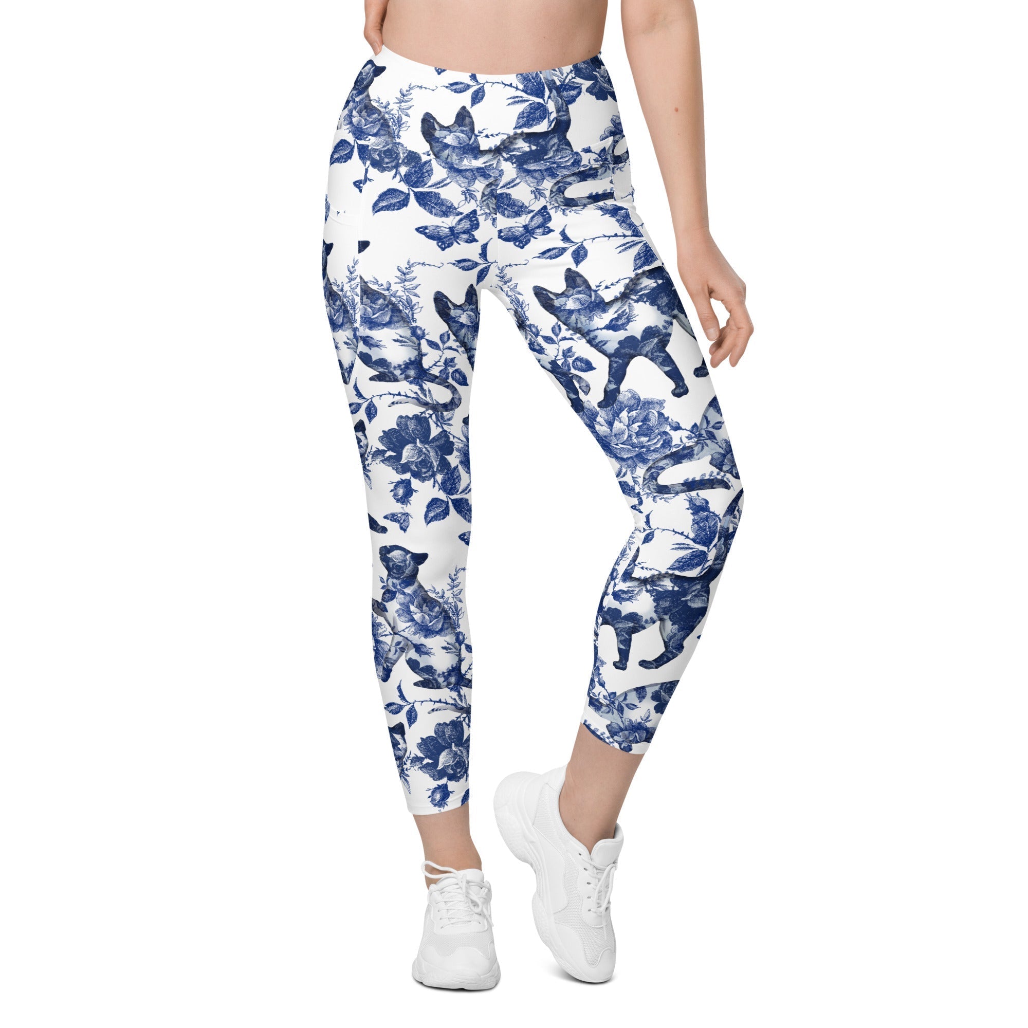 Floral Porcelain Cats Leggings With Pockets