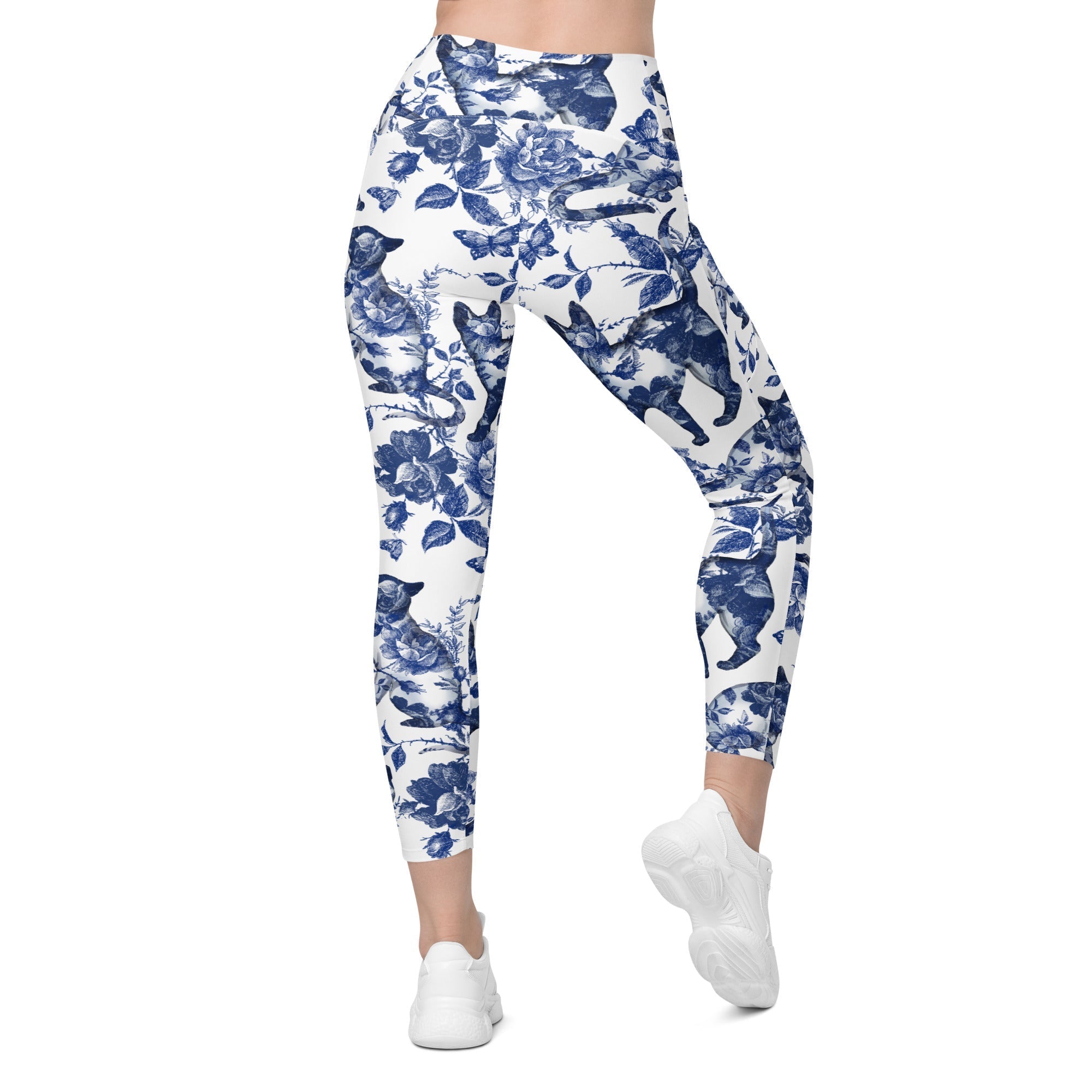 Floral Porcelain Cats Leggings With Pockets