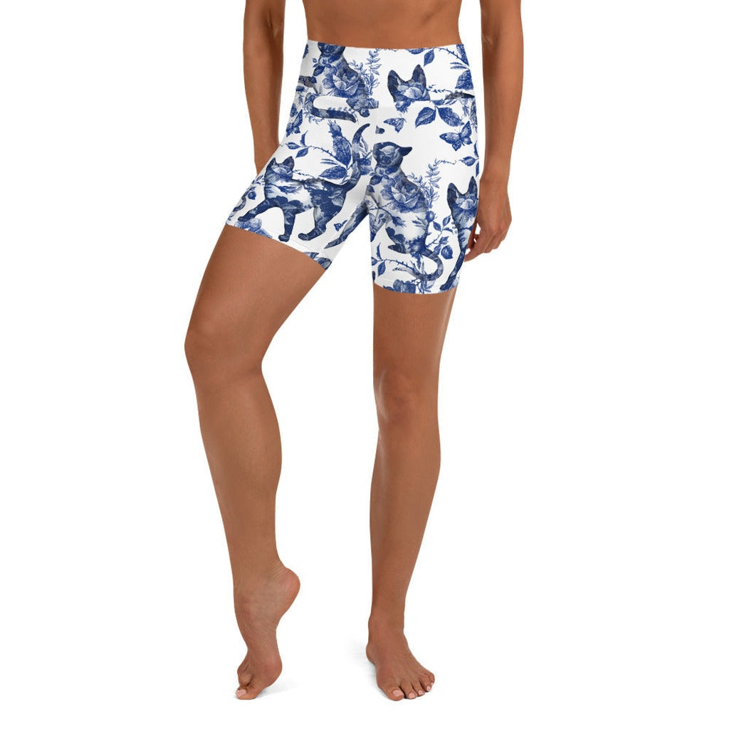 Floral Porcelain Cats Yoga Shorts