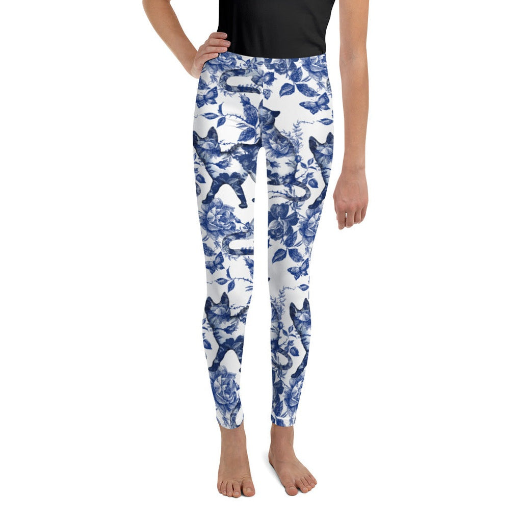 Floral Porcelain Cats Youth Leggings