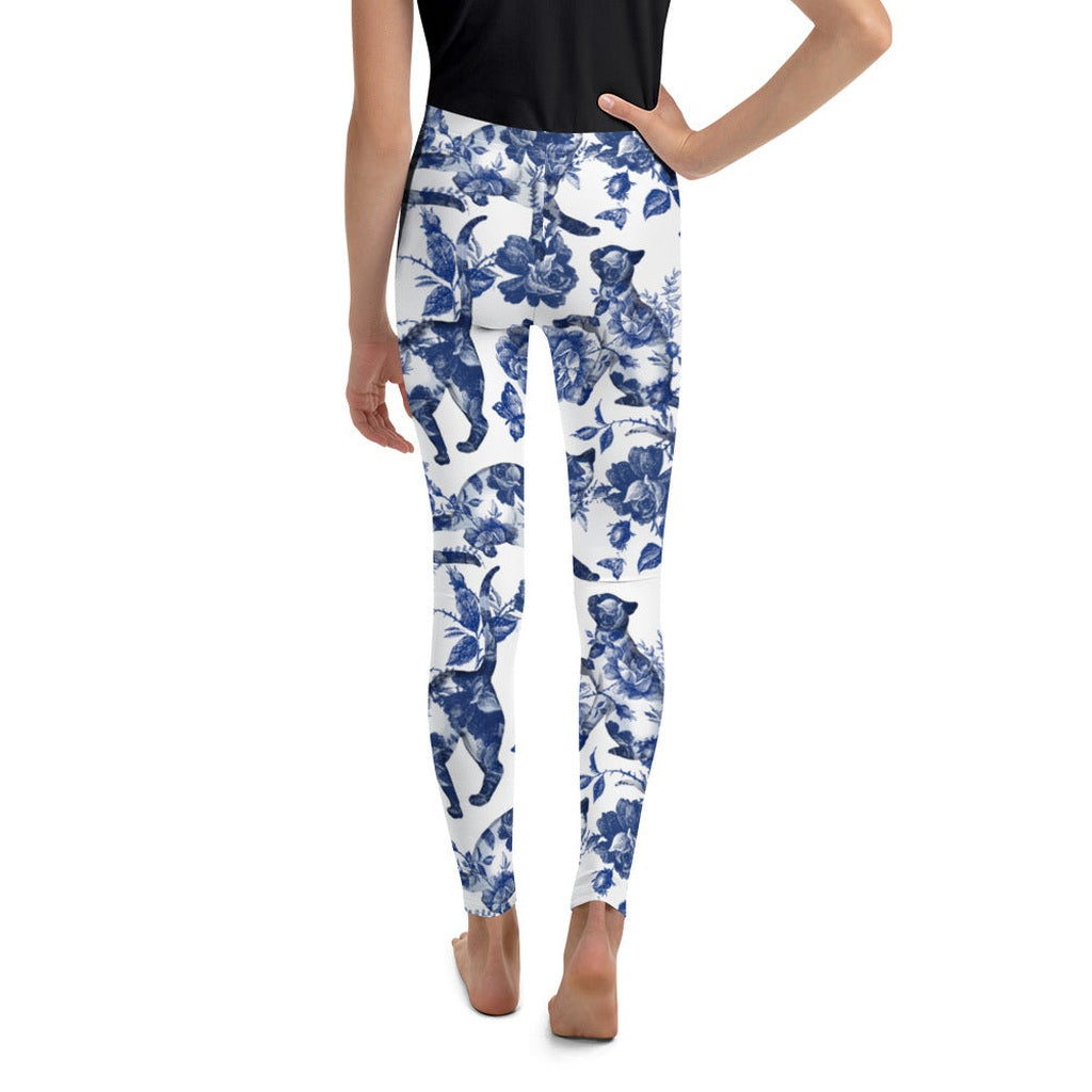 Floral Porcelain Cats Youth Leggings
