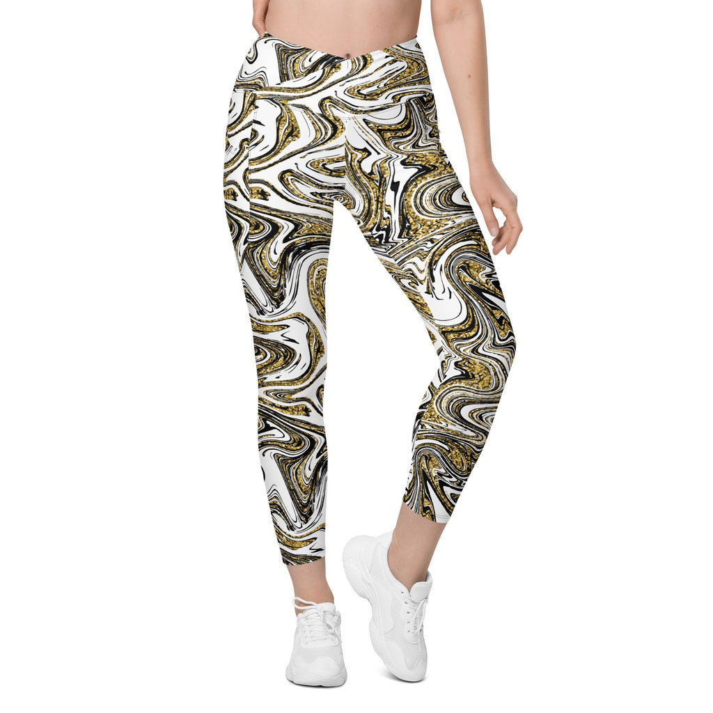 Glitter Print Marble Crossover Leggings With Pockets