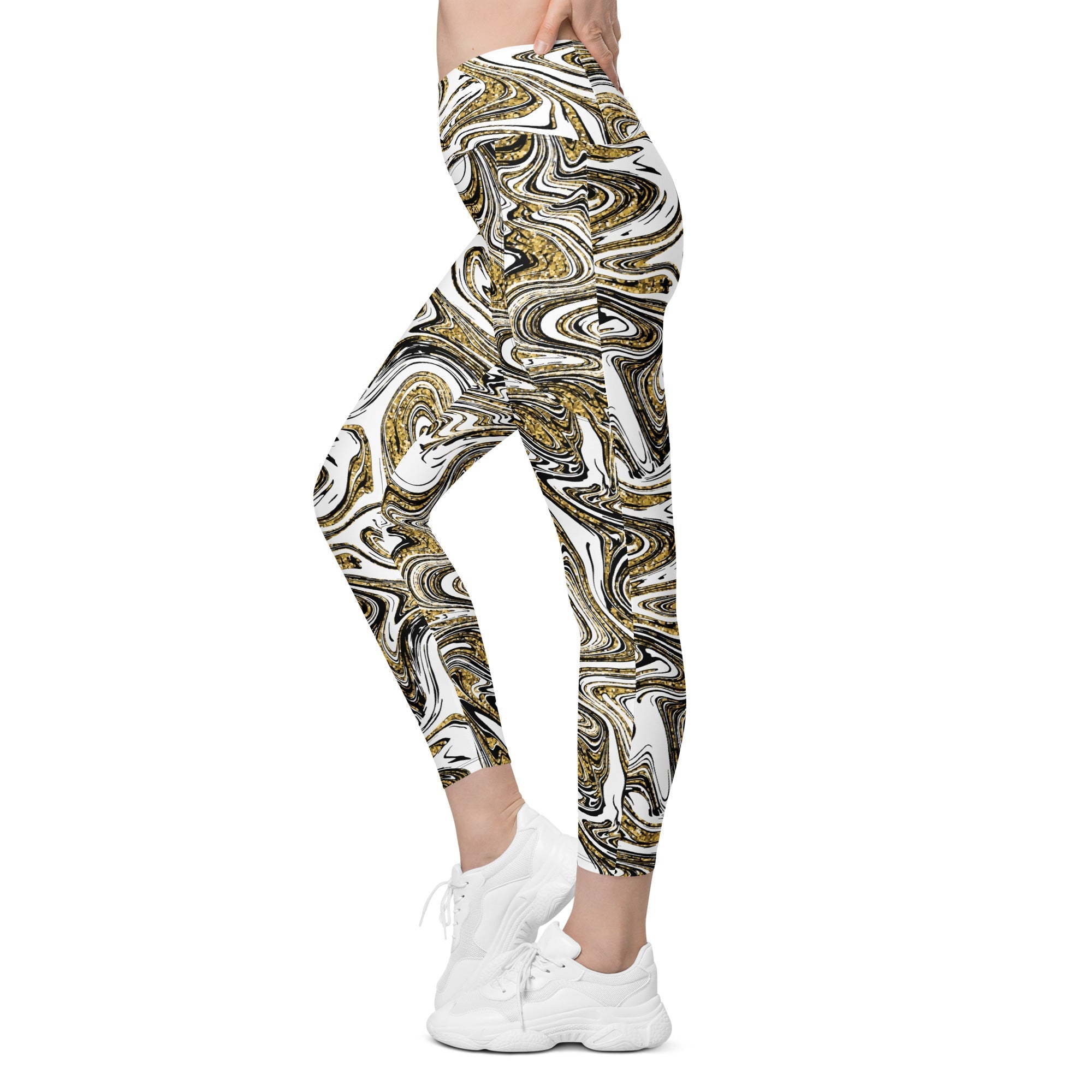 Glitter Print Marble Crossover Leggings With Pockets