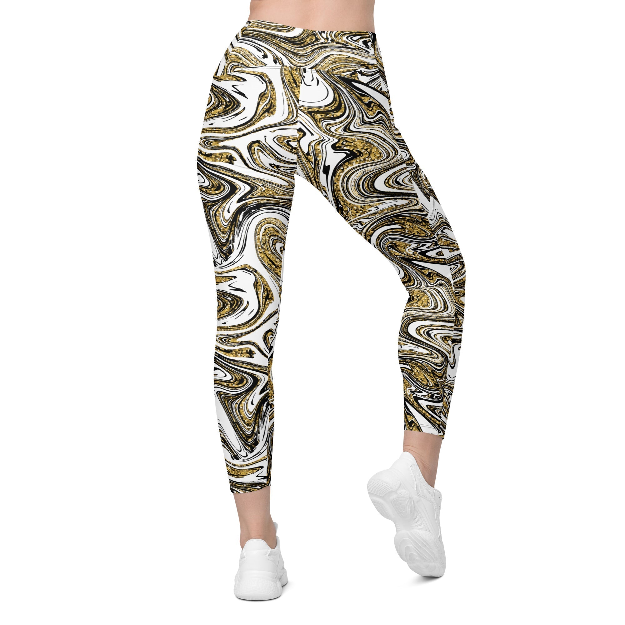 Glitter Print Marble Crossover Leggings With Pockets