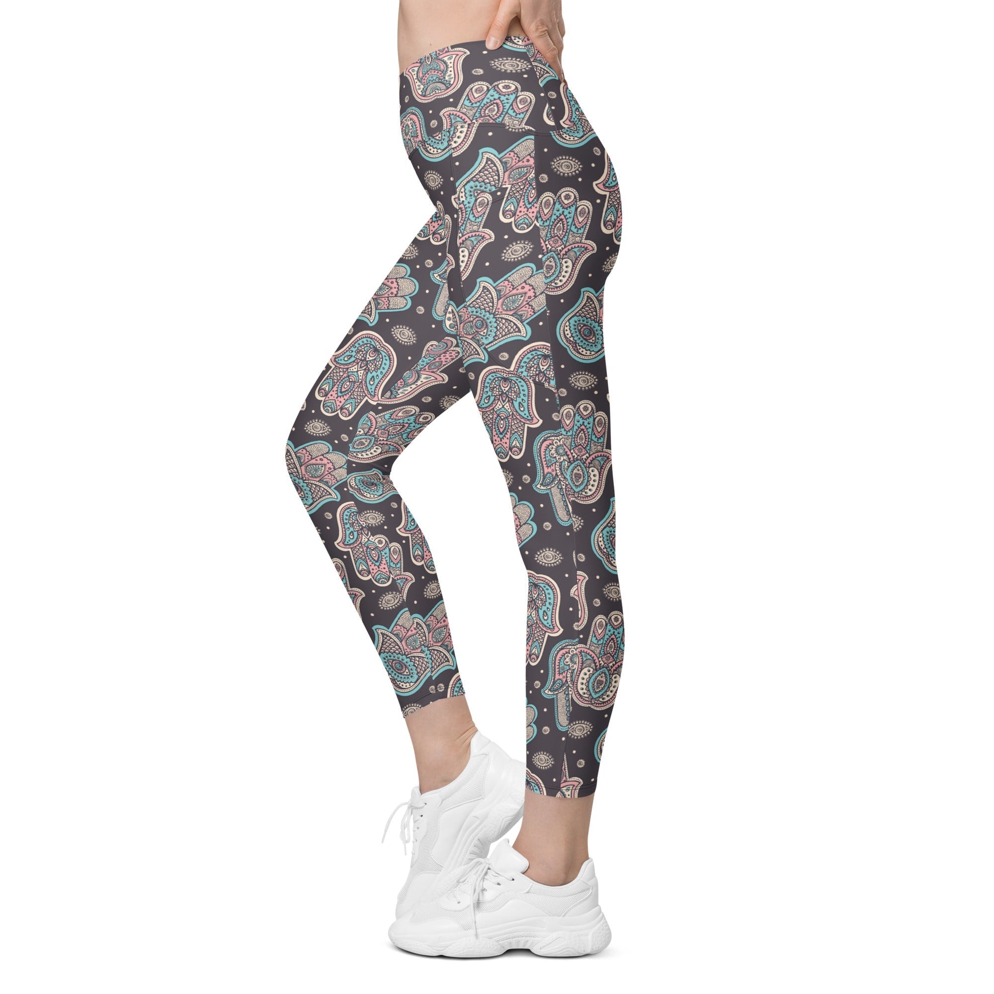 Hand Drawn Hamsa Crossover Leggings With Pockets