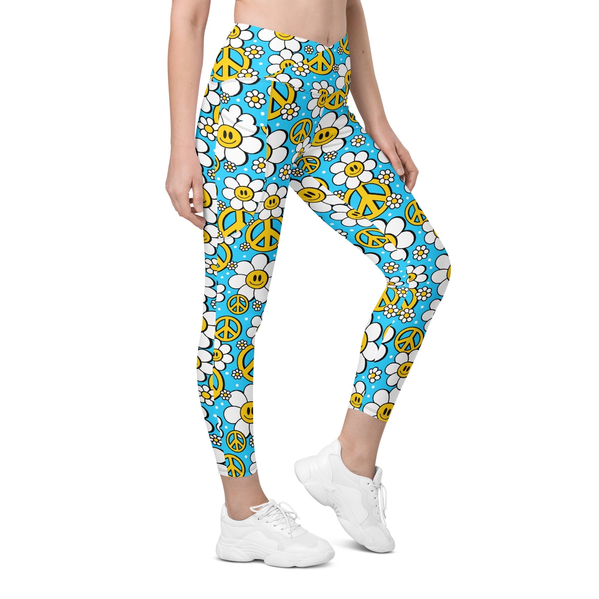 Hippie Flower Pattern Crossover Leggings With Pockets