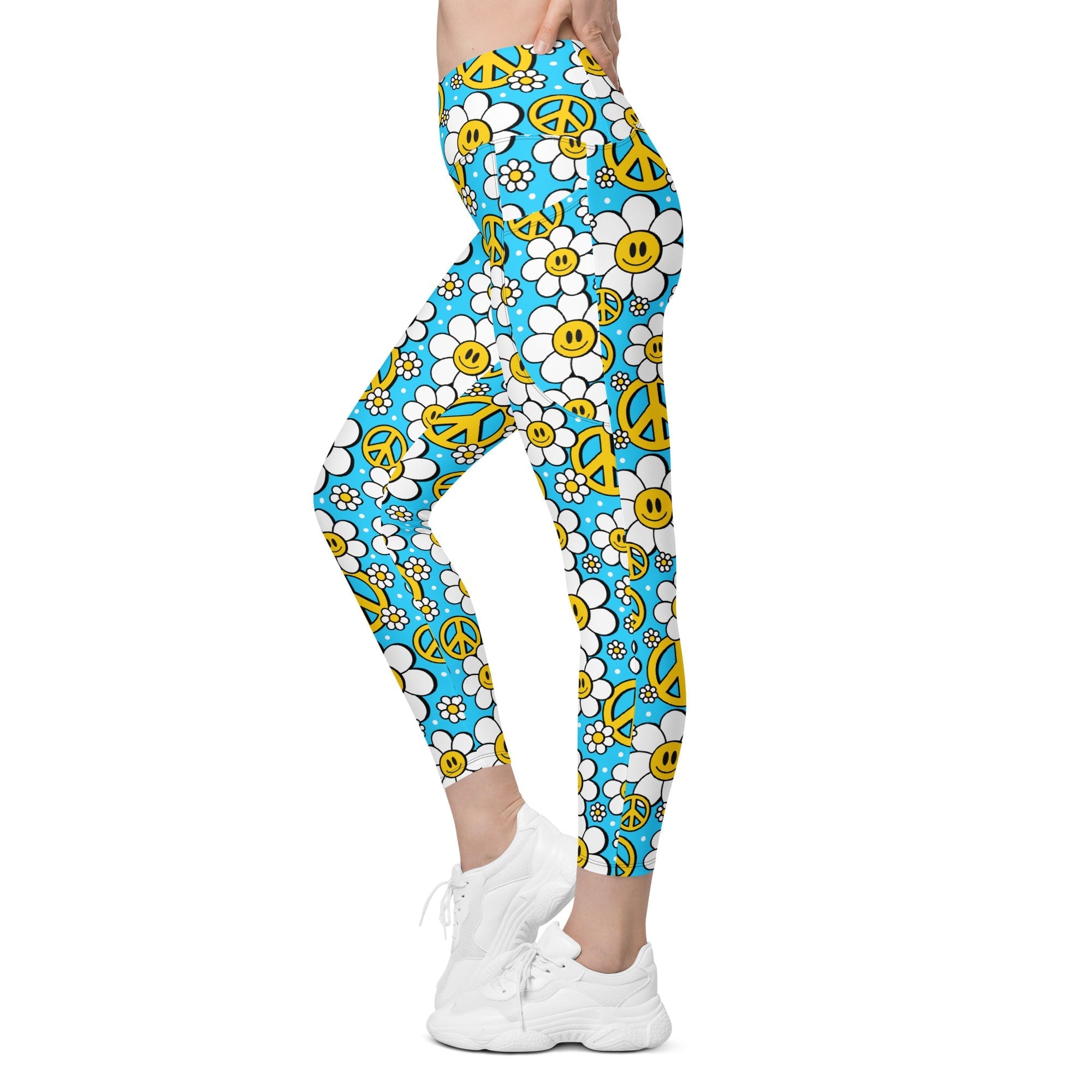 Hippie Flower Pattern Crossover Leggings With Pockets