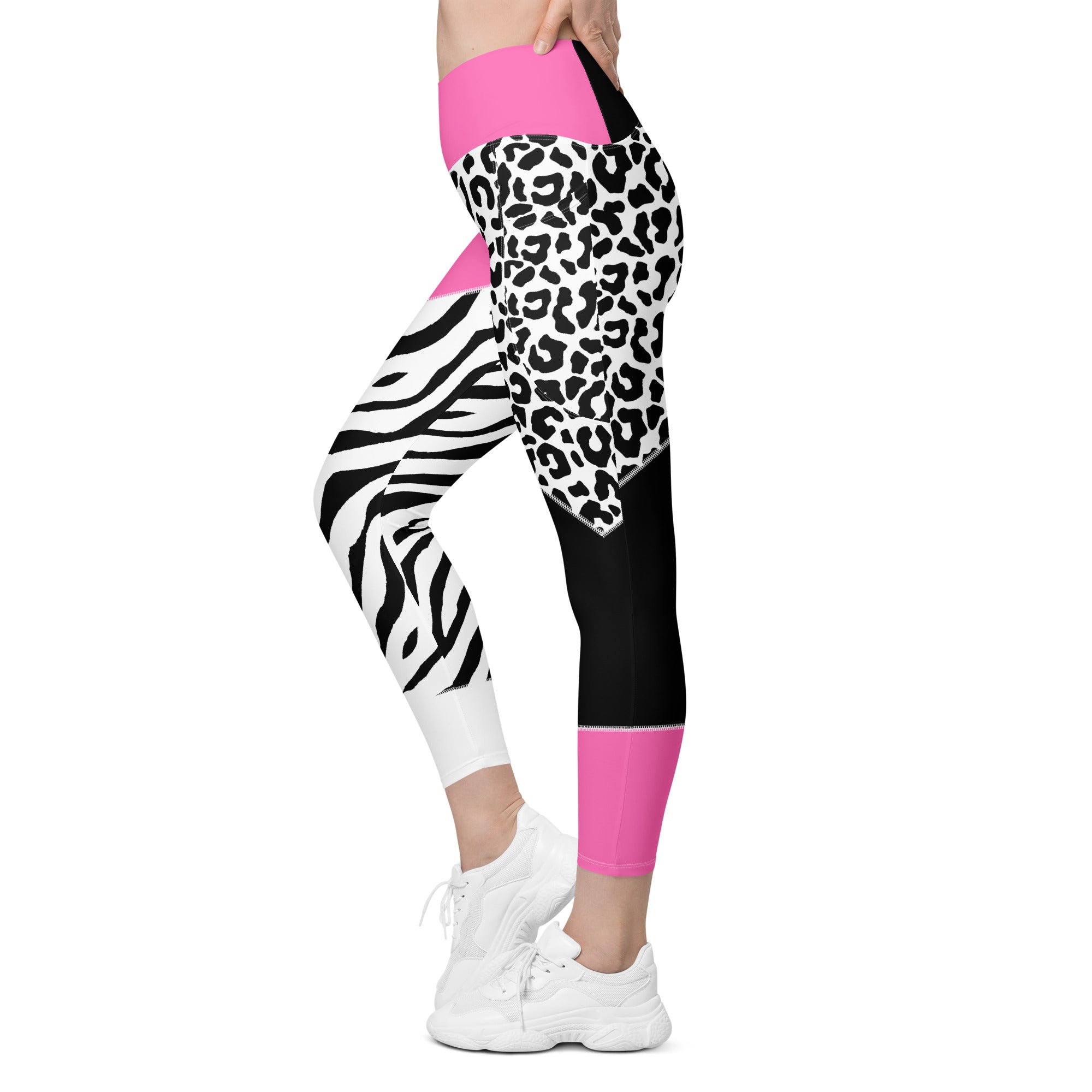 Leopard Color Block Crossover Leggings With Pockets