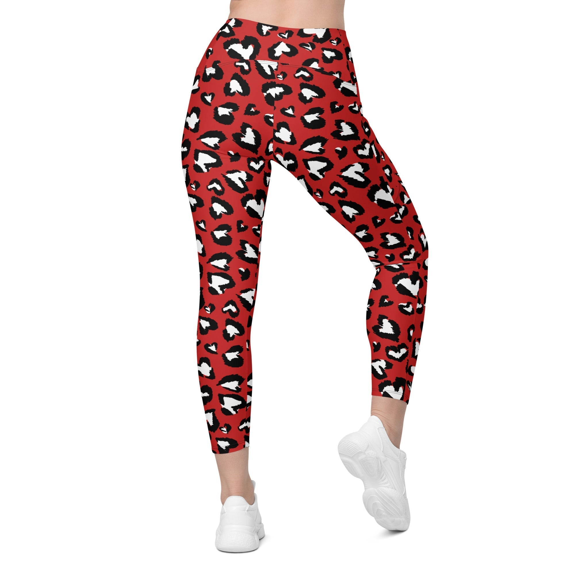 Leopard Hearts Crossover Leggings With Pockets