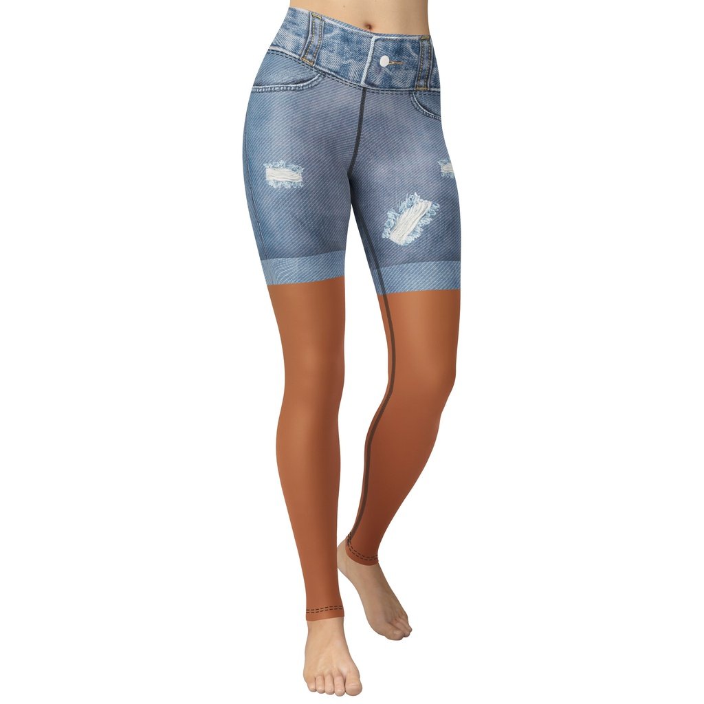 Medium Brown Denim Shorts Yoga Leggings