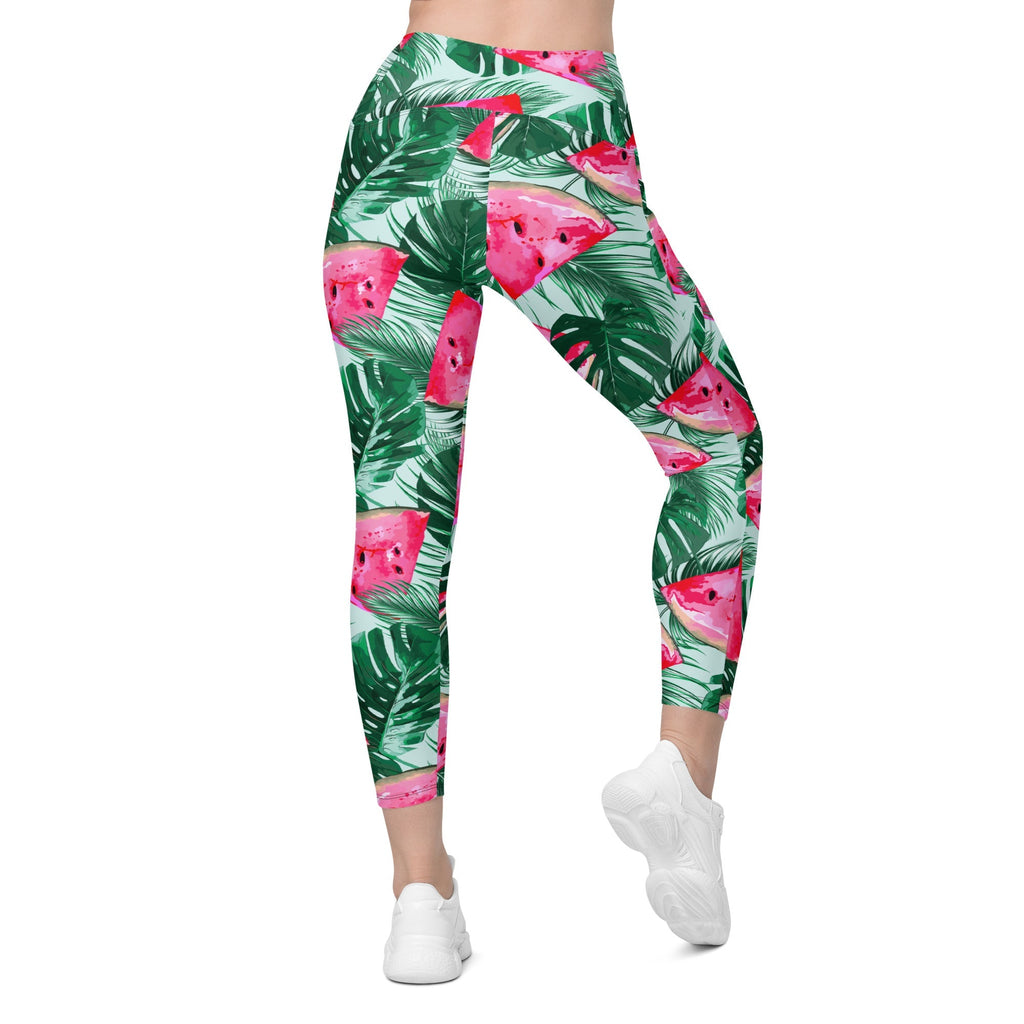 Palm Leaves & Watermelon Crossover Leggings With Pockets