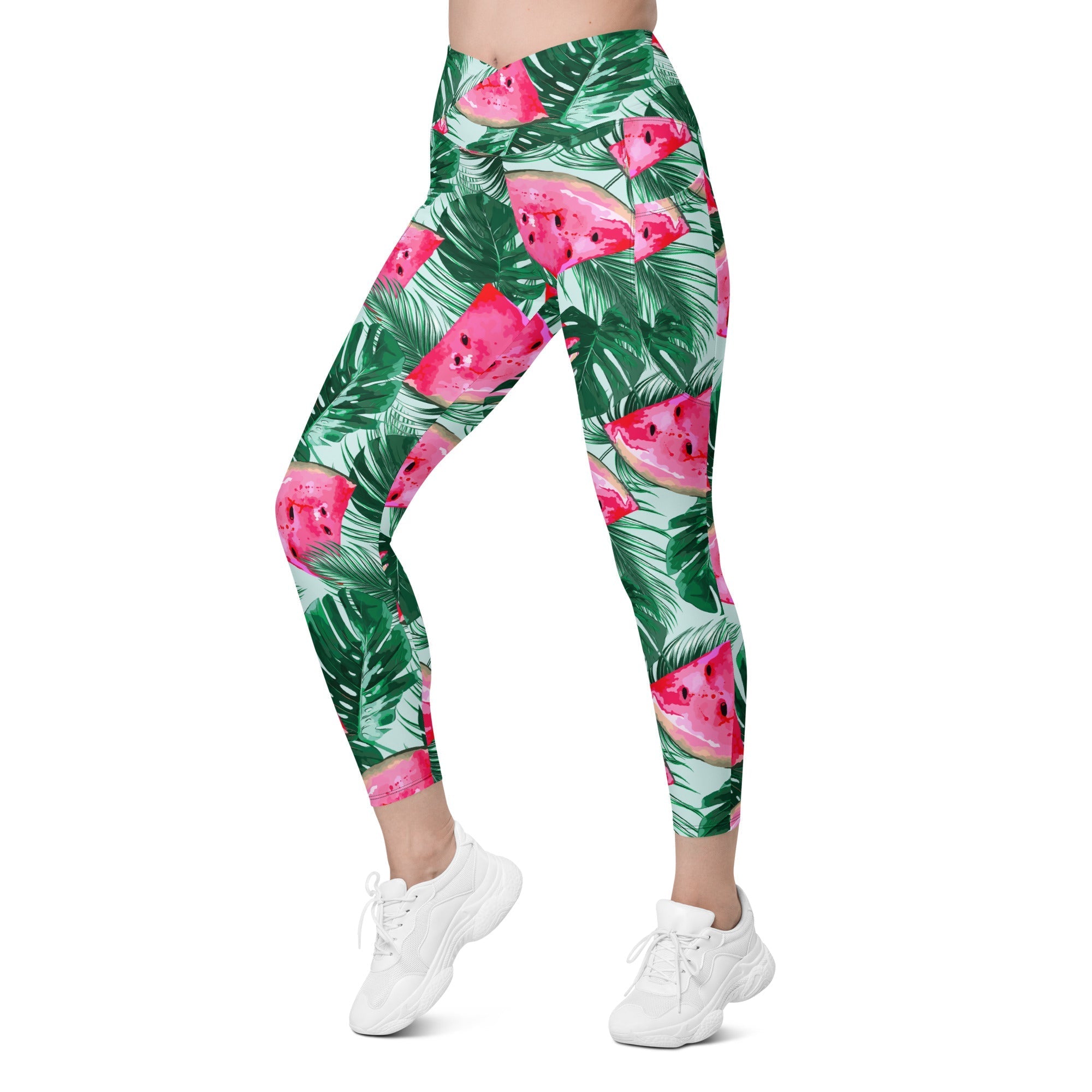Palm Leaves & Watermelon Crossover Leggings With Pockets