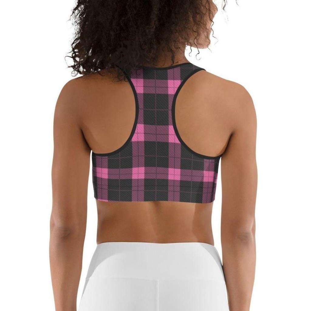 Pink Plaid Print Sports Bra