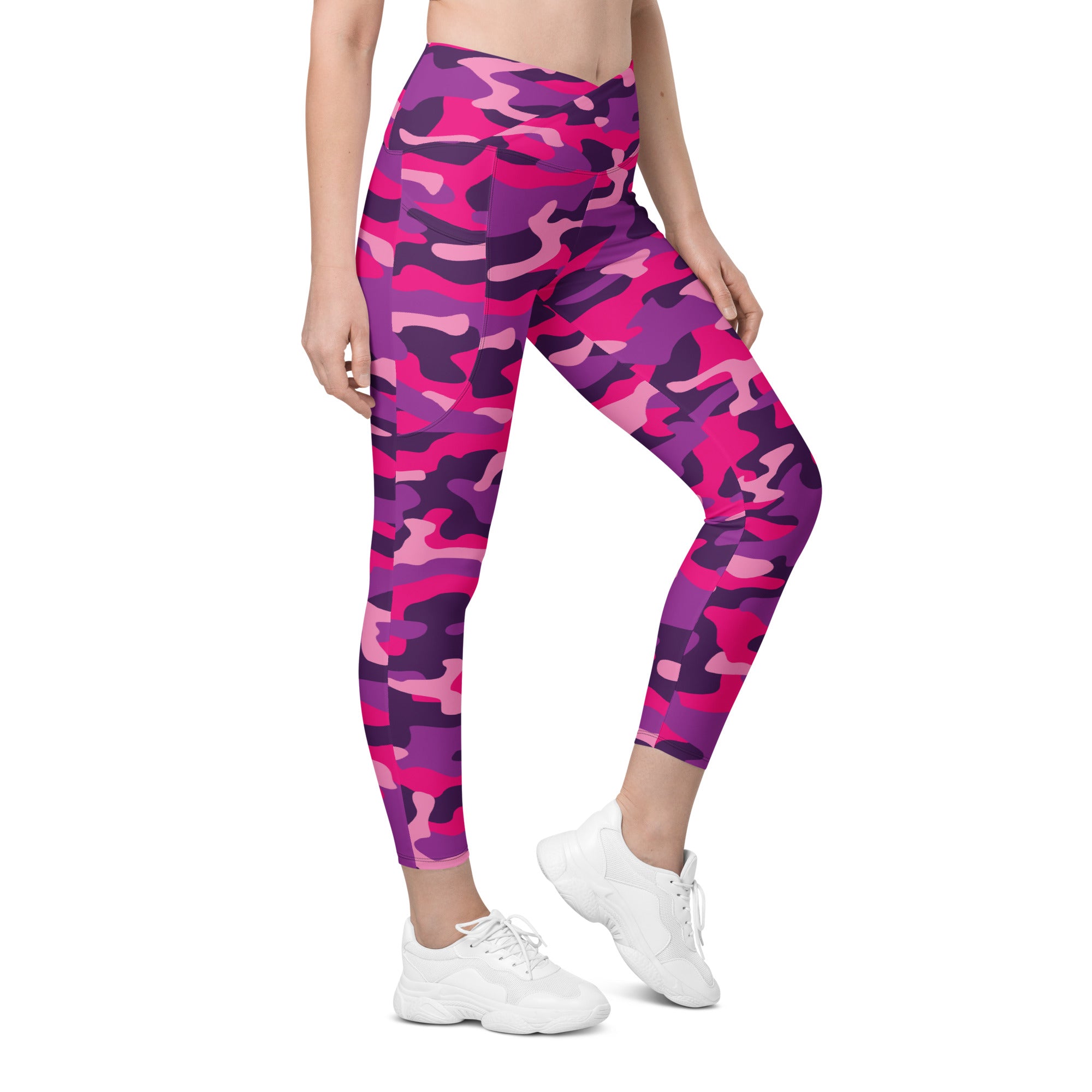 Pink & Purple Camo Crossover Leggings With Pockets