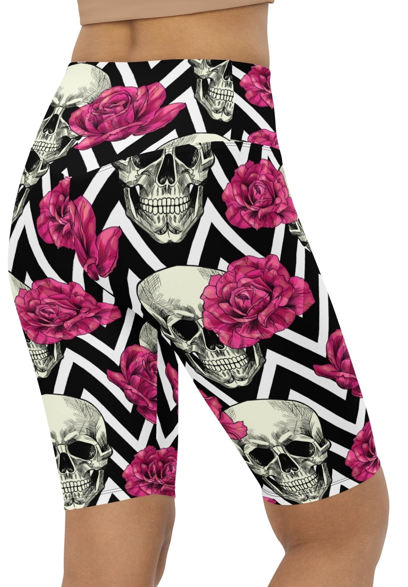 Pink Roses and Skulls Biker Shorts