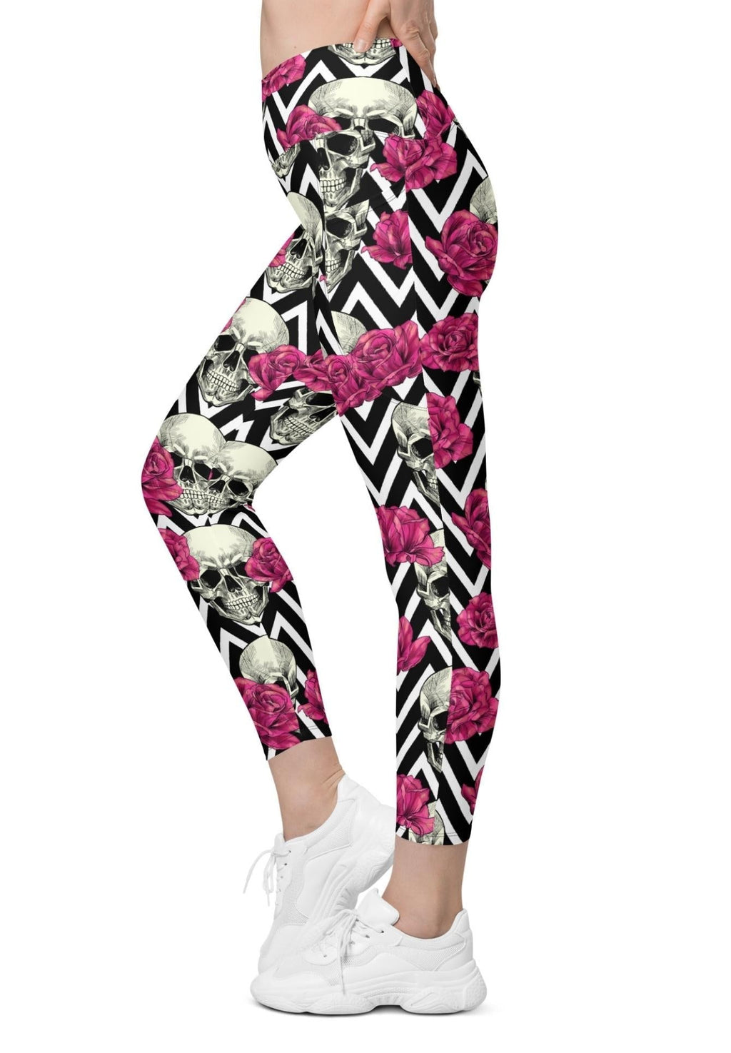 Pink Roses and Skulls Crossover Leggings With Pockets