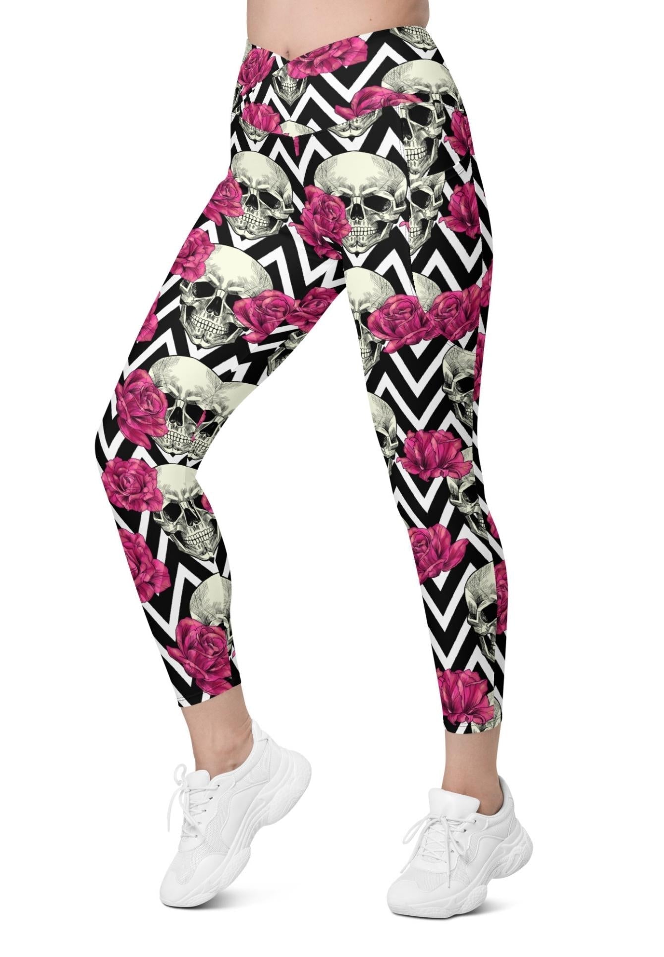 Pink Roses and Skulls Crossover Leggings With Pockets