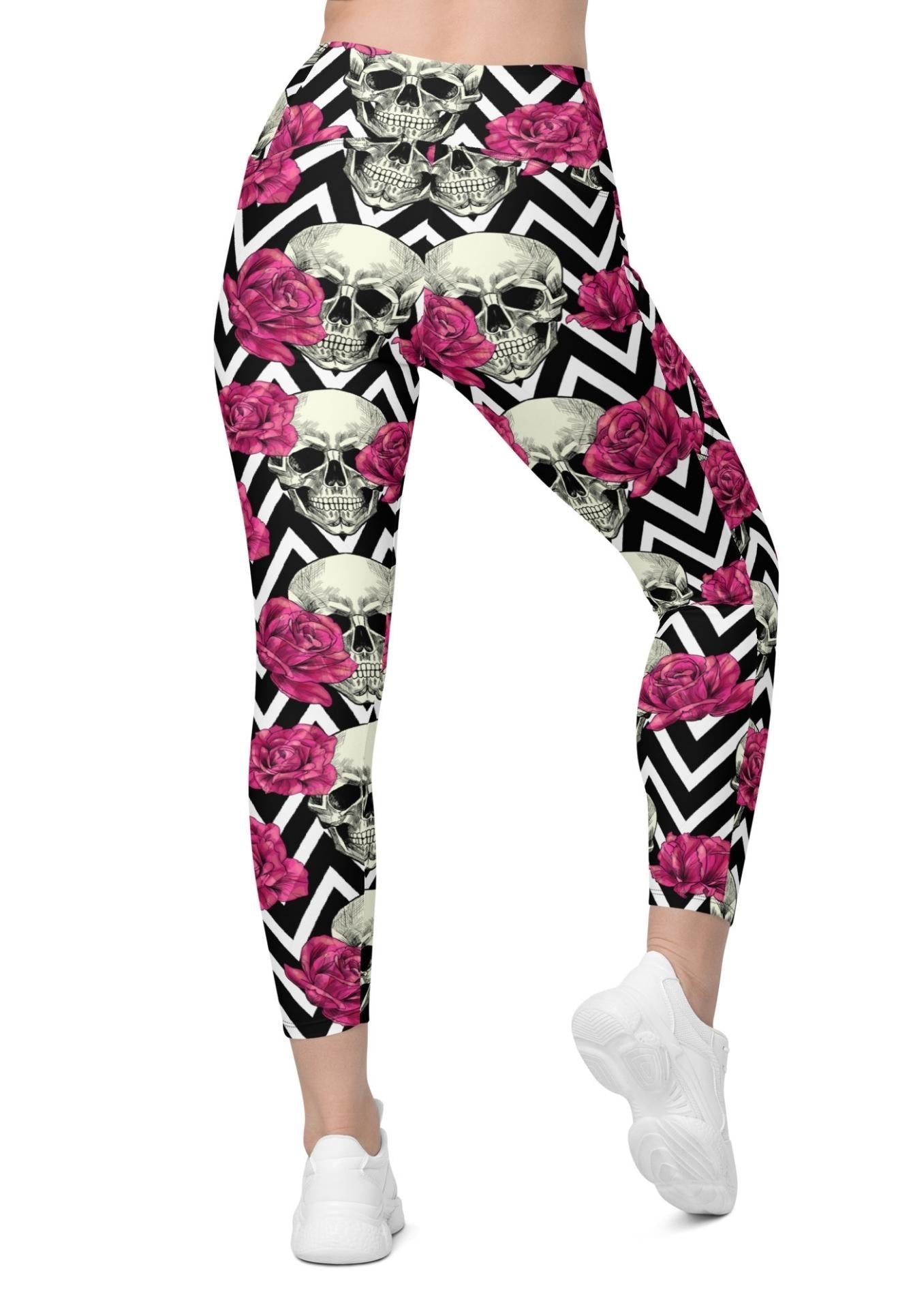 Pink Roses and Skulls Crossover Leggings With Pockets