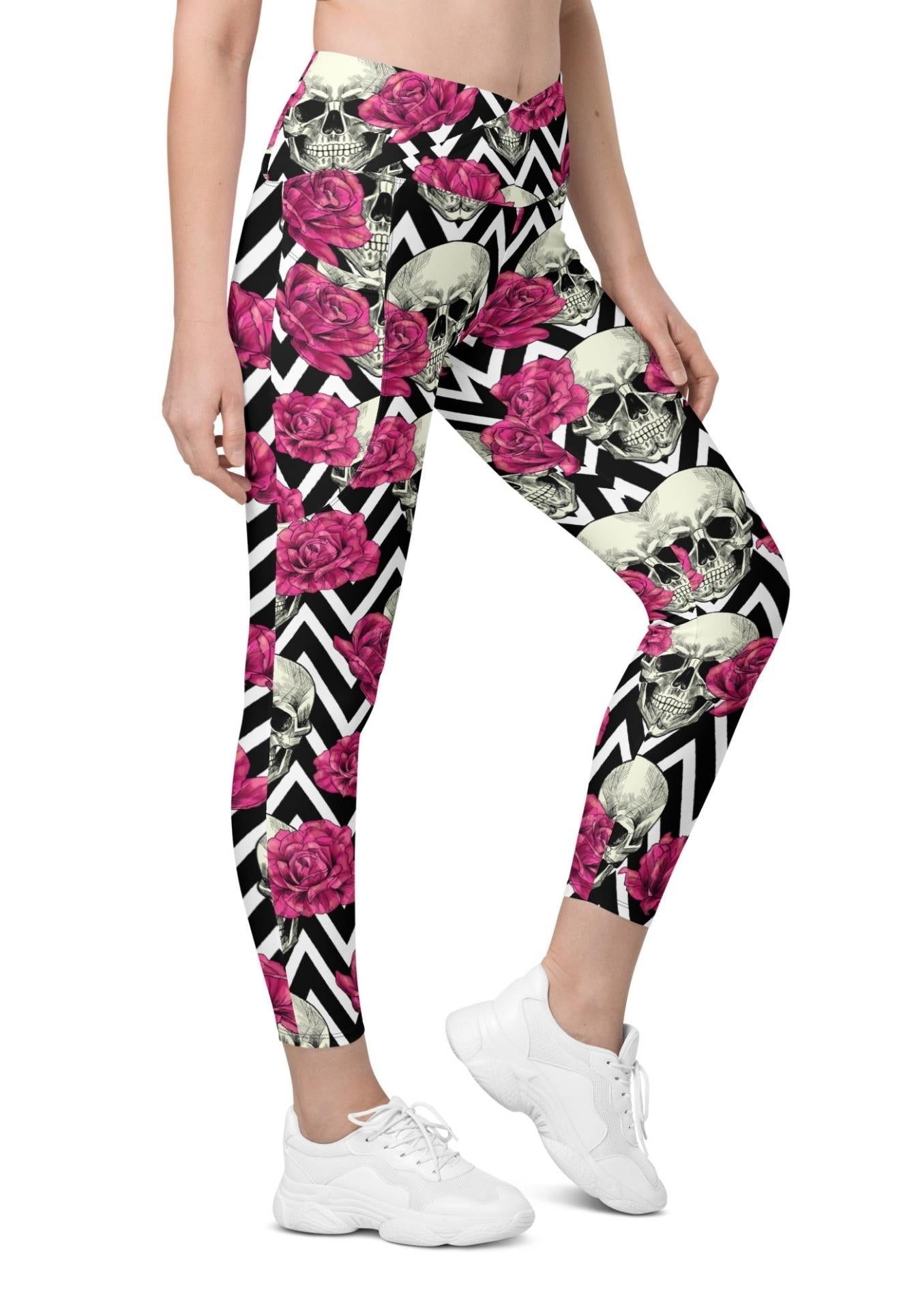 Pink Roses and Skulls Crossover Leggings With Pockets