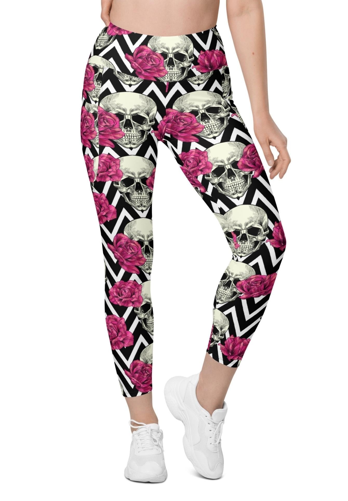 Pink Roses and Skulls Leggings With Pockets