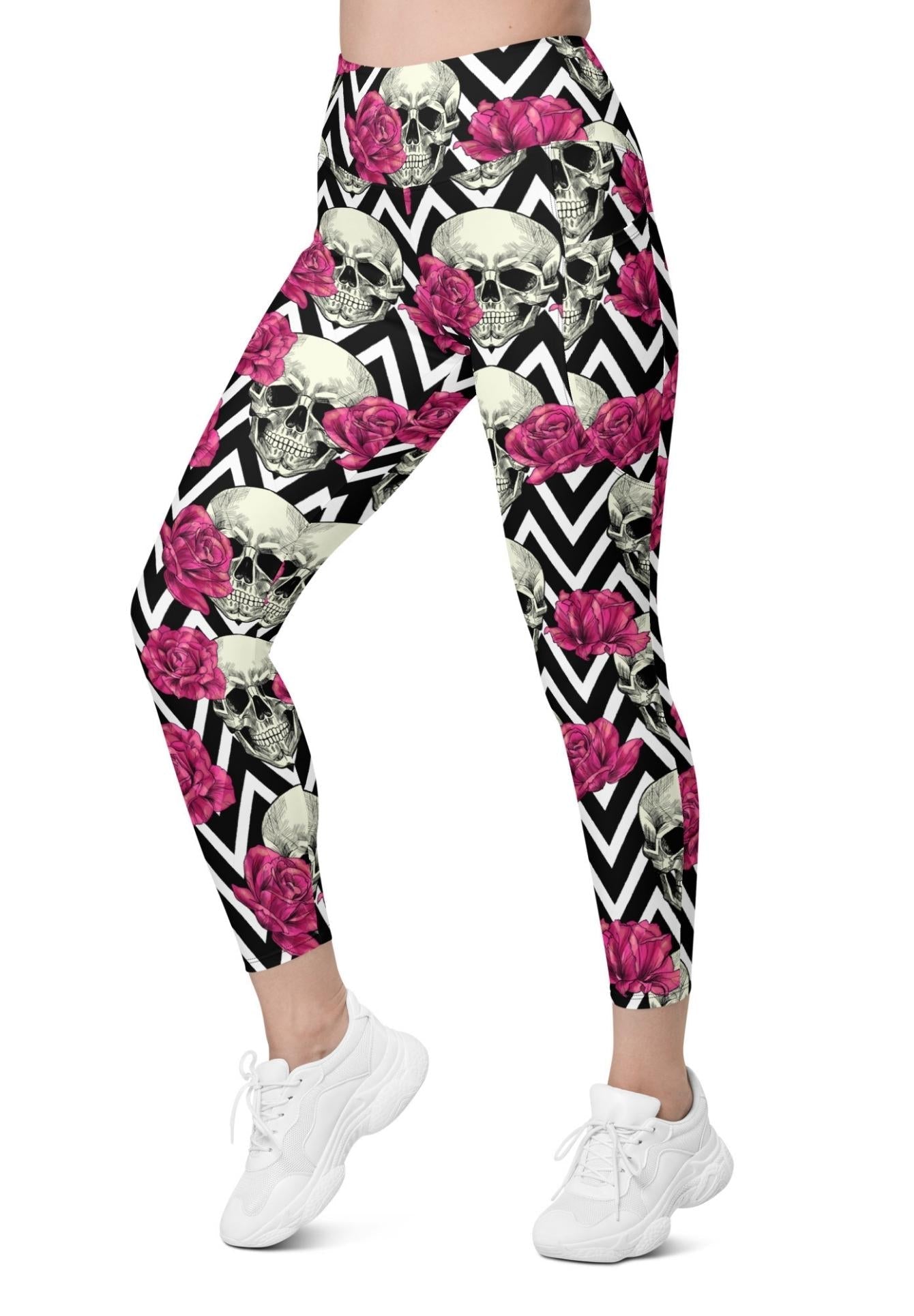 Pink Roses and Skulls Leggings With Pockets