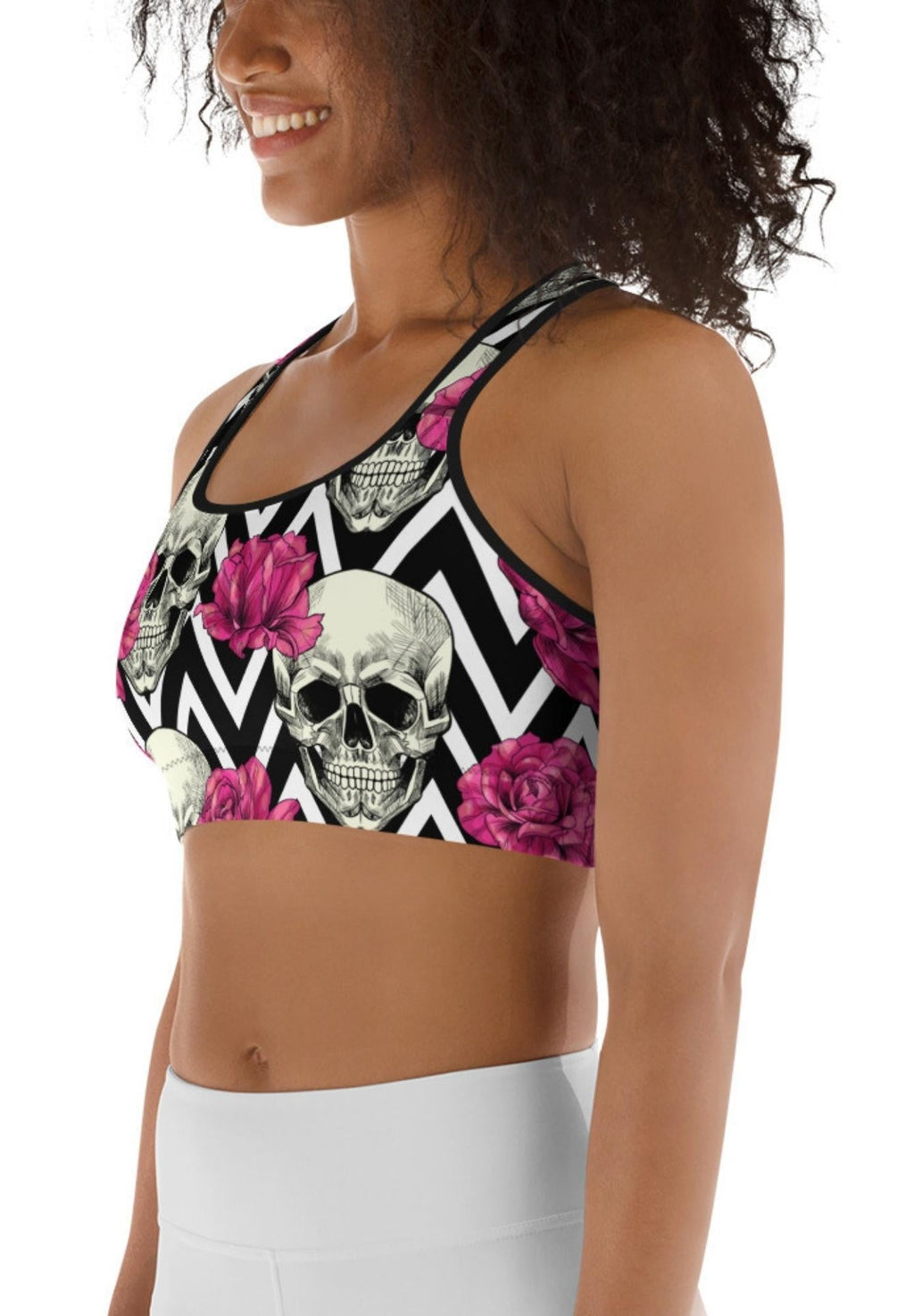 Pink Roses and Skulls Sports Bra