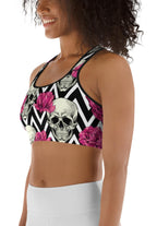 Pink Roses and Skulls Sports Bra