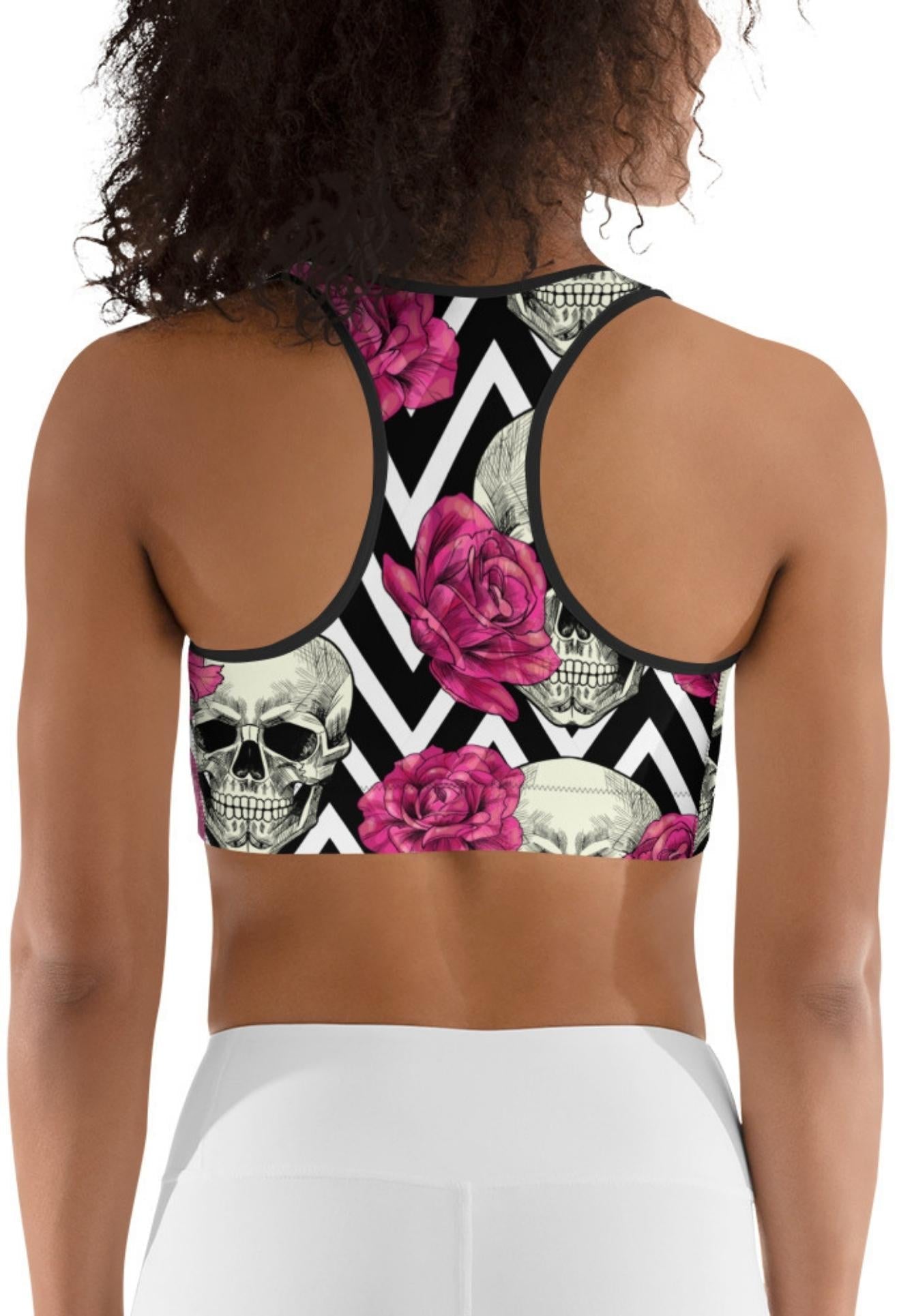 Pink Roses and Skulls Sports Bra