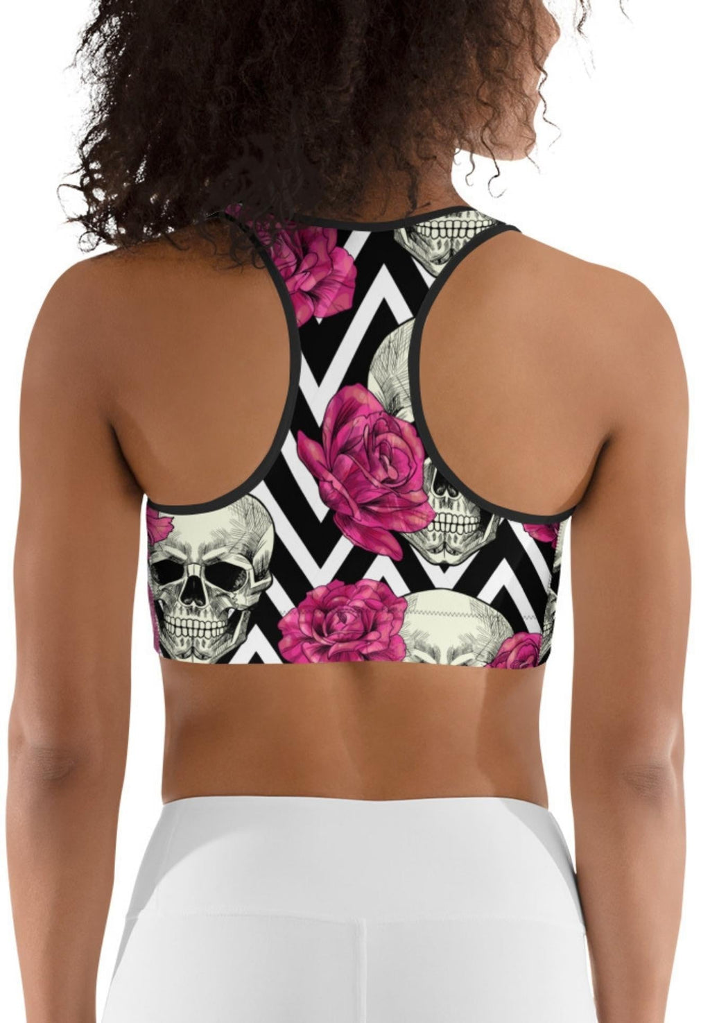 Pink Roses and Skulls Sports Bra
