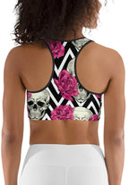 Pink Roses and Skulls Sports Bra