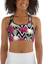 Pink Roses and Skulls Sports Bra