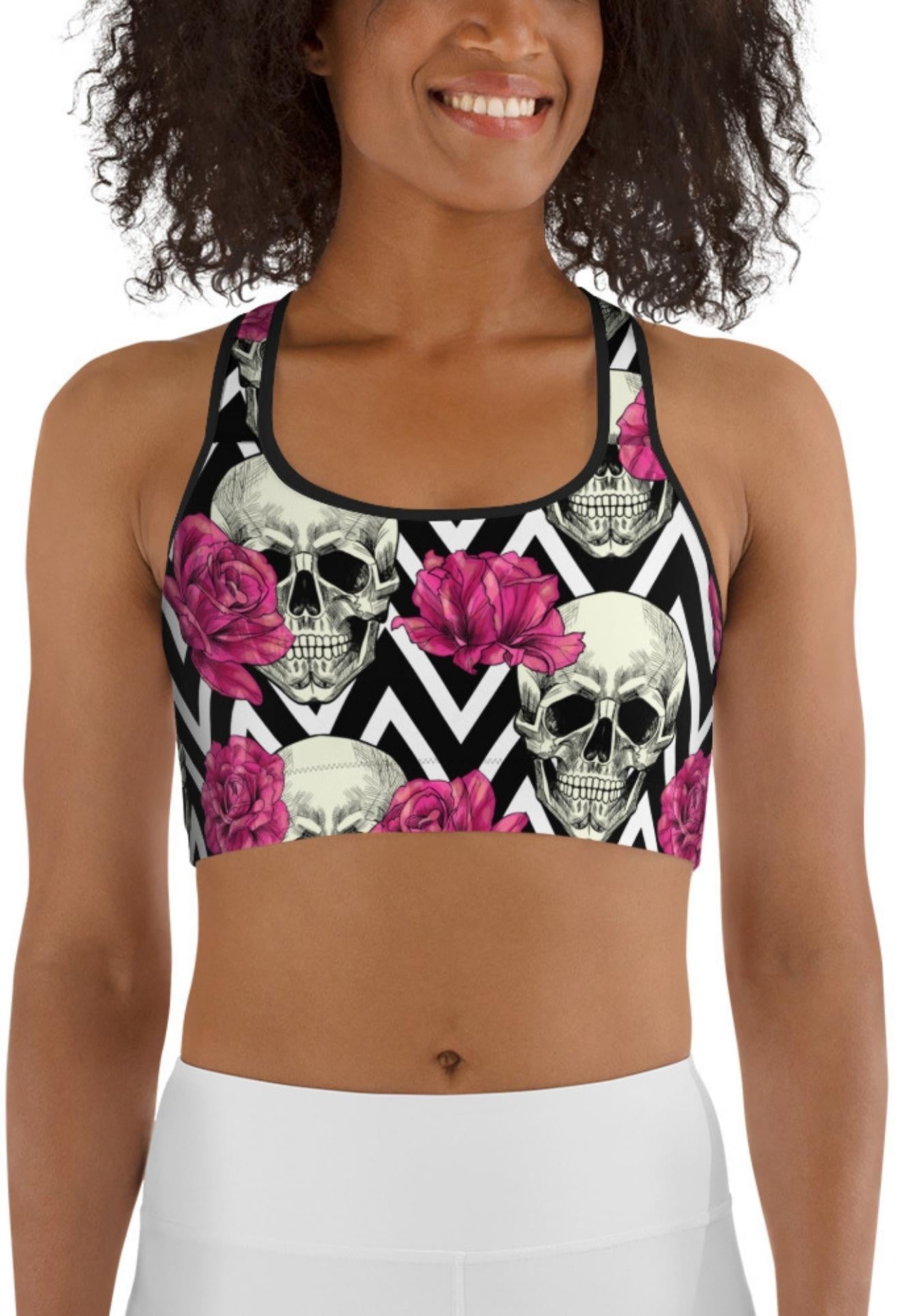 Pink Roses and Skulls Sports Bra
