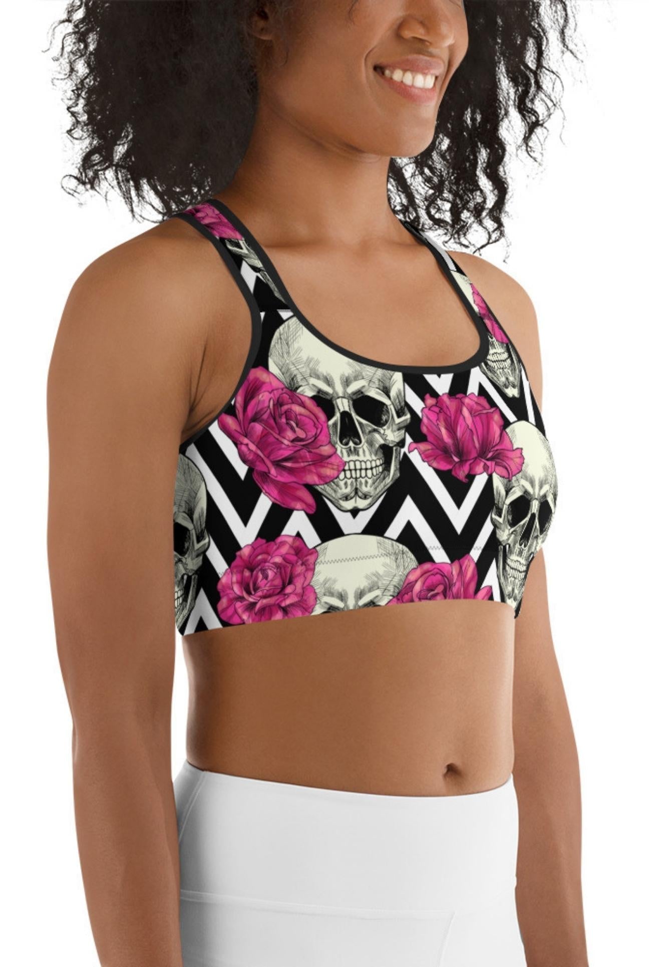 Pink Roses and Skulls Sports Bra