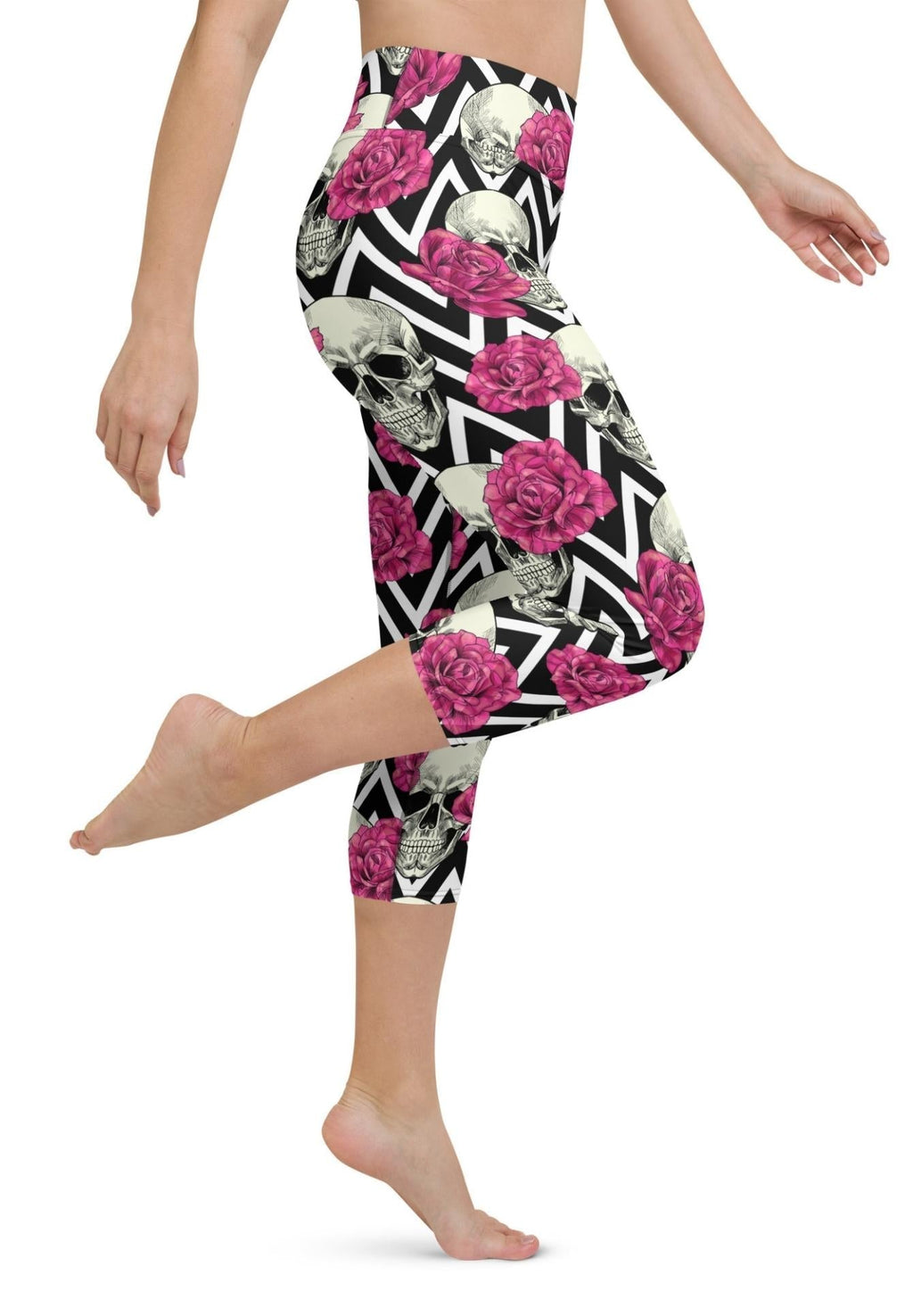 Pink Roses and Skulls Yoga Capris