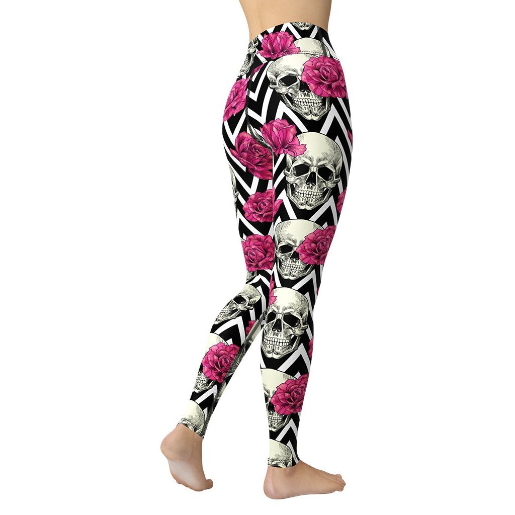 Pink Roses and Skulls Yoga Leggings