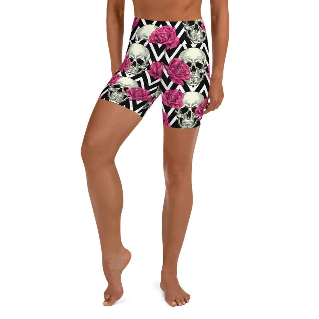 Pink Roses and Skulls Yoga Shorts