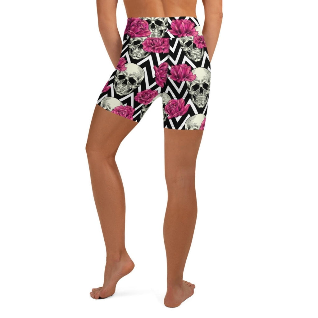 Pink Roses and Skulls Yoga Shorts