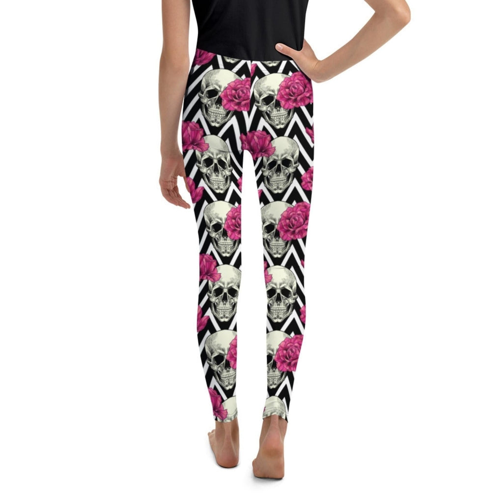 Pink Roses and Skulls Youth Leggings