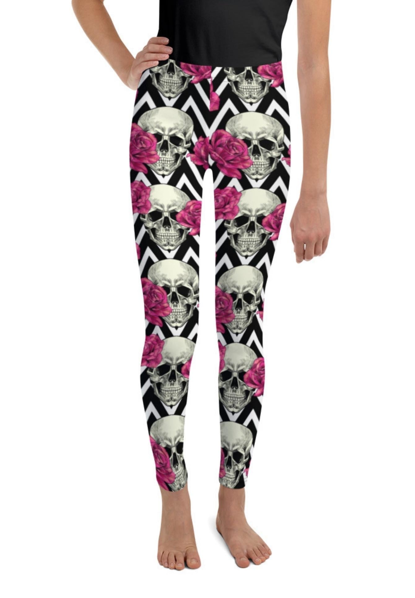 Pink Roses and Skulls Youth Leggings