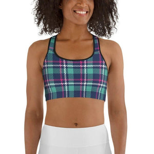 Pink & Turquoise Plaid Print Sports Bra