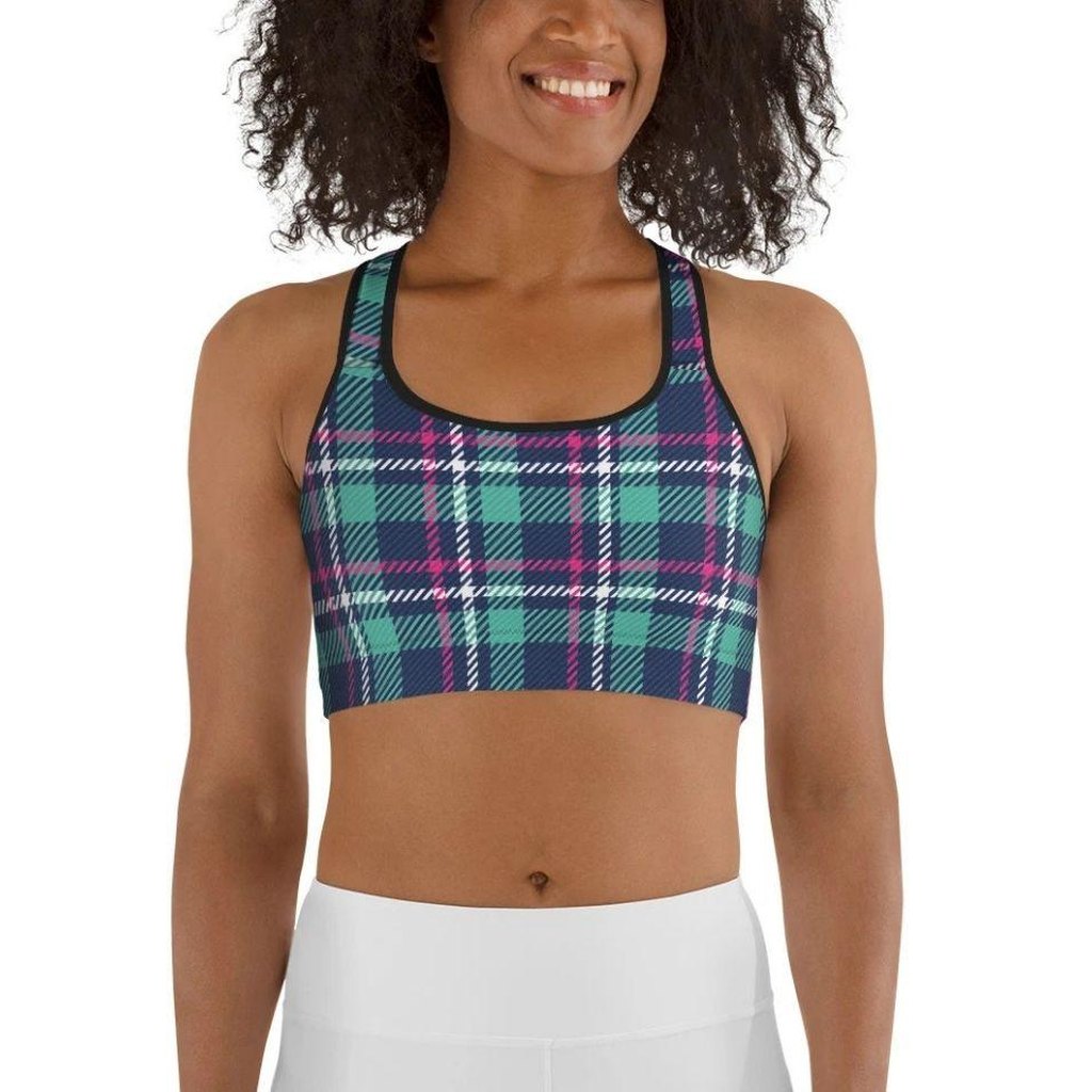 Pink & Turquoise Plaid Print Sports Bra