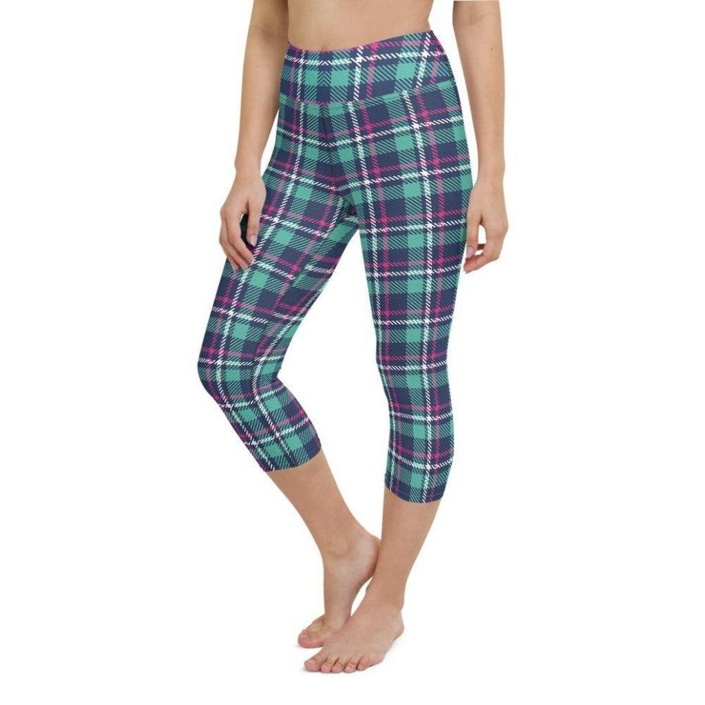 Pink & Turquoise Plaid Print Yoga Capris