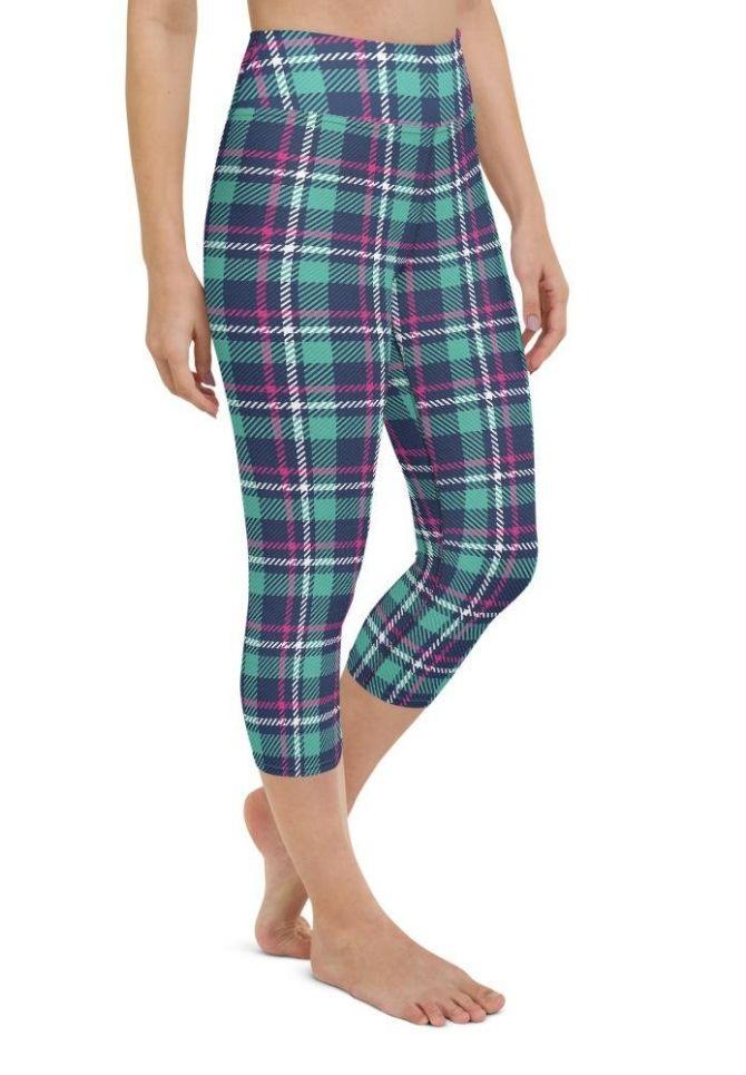 Pink & Turquoise Plaid Print Yoga Capris