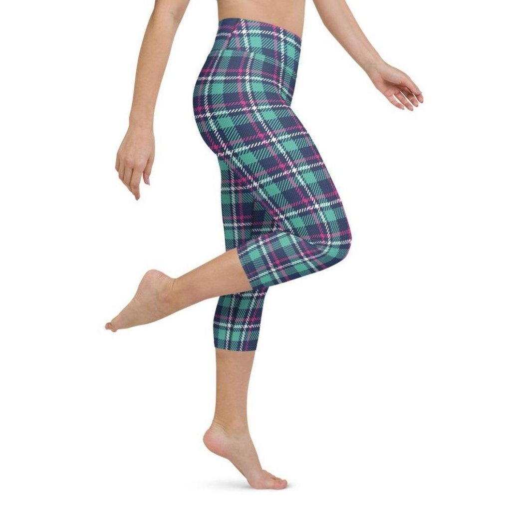 Pink & Turquoise Plaid Print Yoga Capris