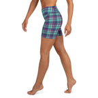 Pink & Turquoise Plaid Print Yoga Shorts