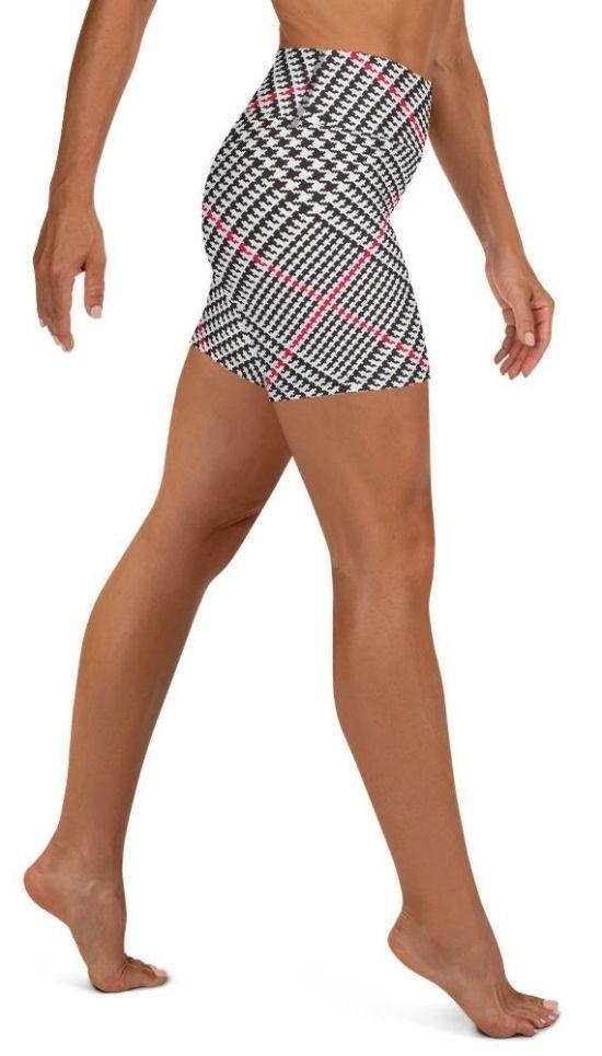 Red Houndstooth Plaid Yoga Shorts